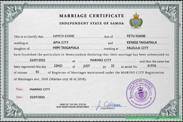 Samoa marriage certificate PSD template